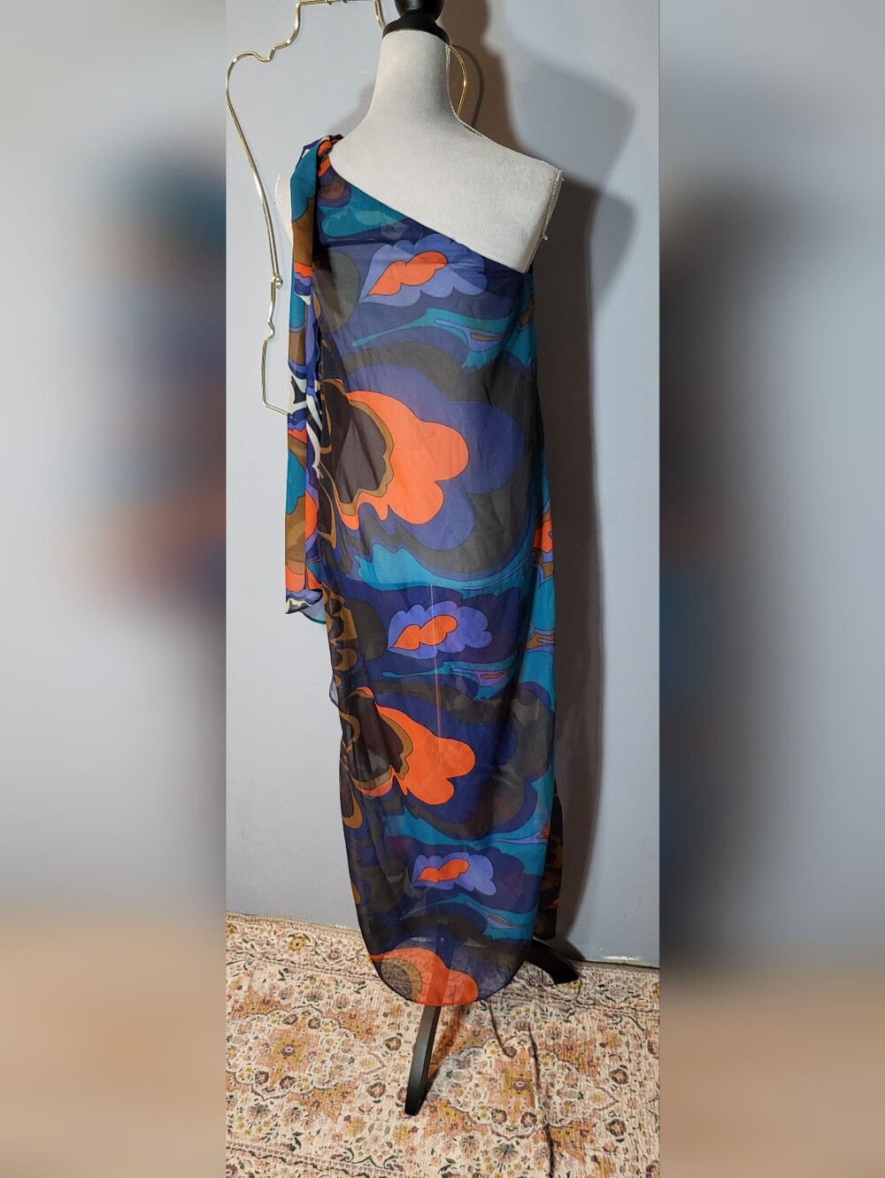 Vintage Elizabeth Strewart Size S One-Shoulder Floral Coverup Dress Sarong Zip - Picture 2 of 9